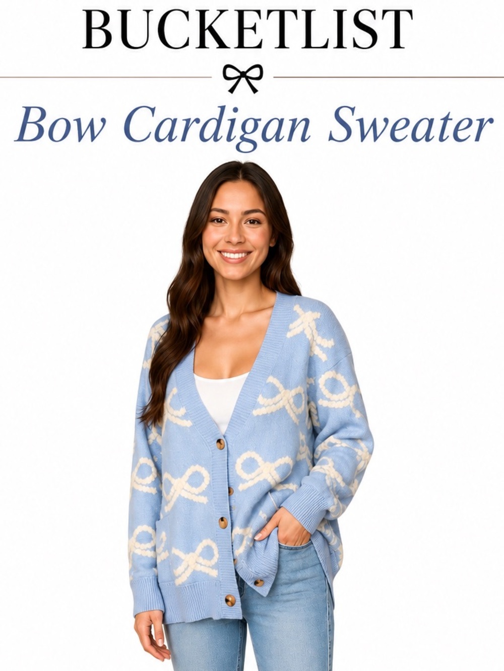 BUCKETLIST Light Blue V-Neck cream Bows Cardigan Sweater button front Medium